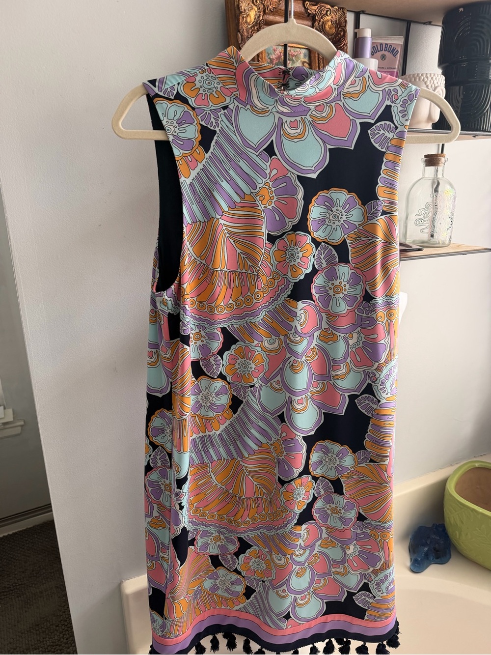 Trina Turk Dress M Palm Springs Mod Psychedelic Floral Resort Tassel Shift